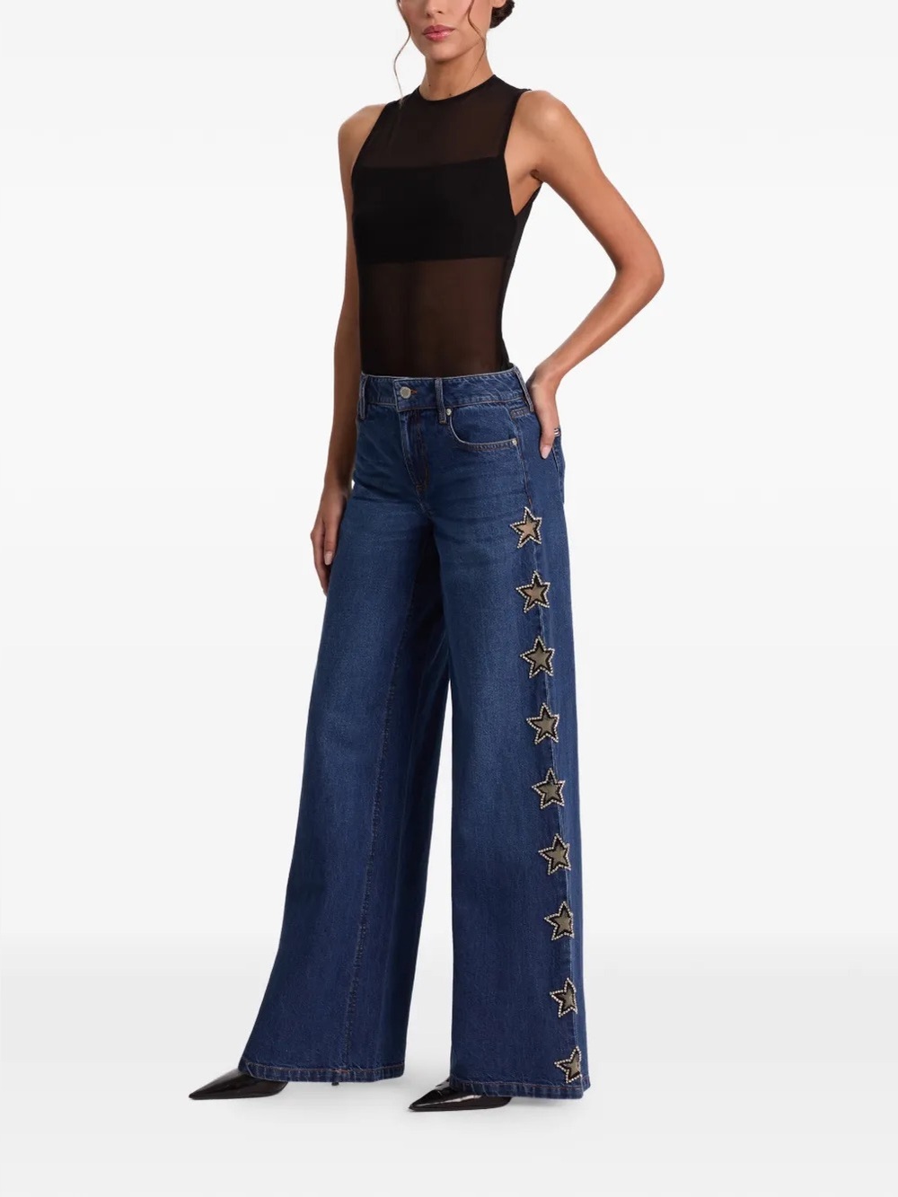 Alice + Olivia Wide Leg Star-Embellished Blue Denim Jeans size 27 Like New - Picture 4 of 10